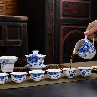 家用整套陶瓷功夫茶具白瓷M泡茶器盖碗茶杯办公礼 青花瓷茶具套装