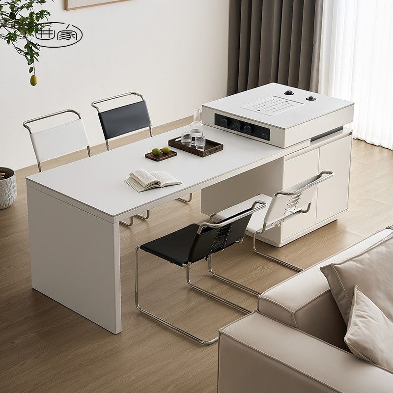 曲家意式极简高奢岩板可伸缩岛台多功能餐桌吧台