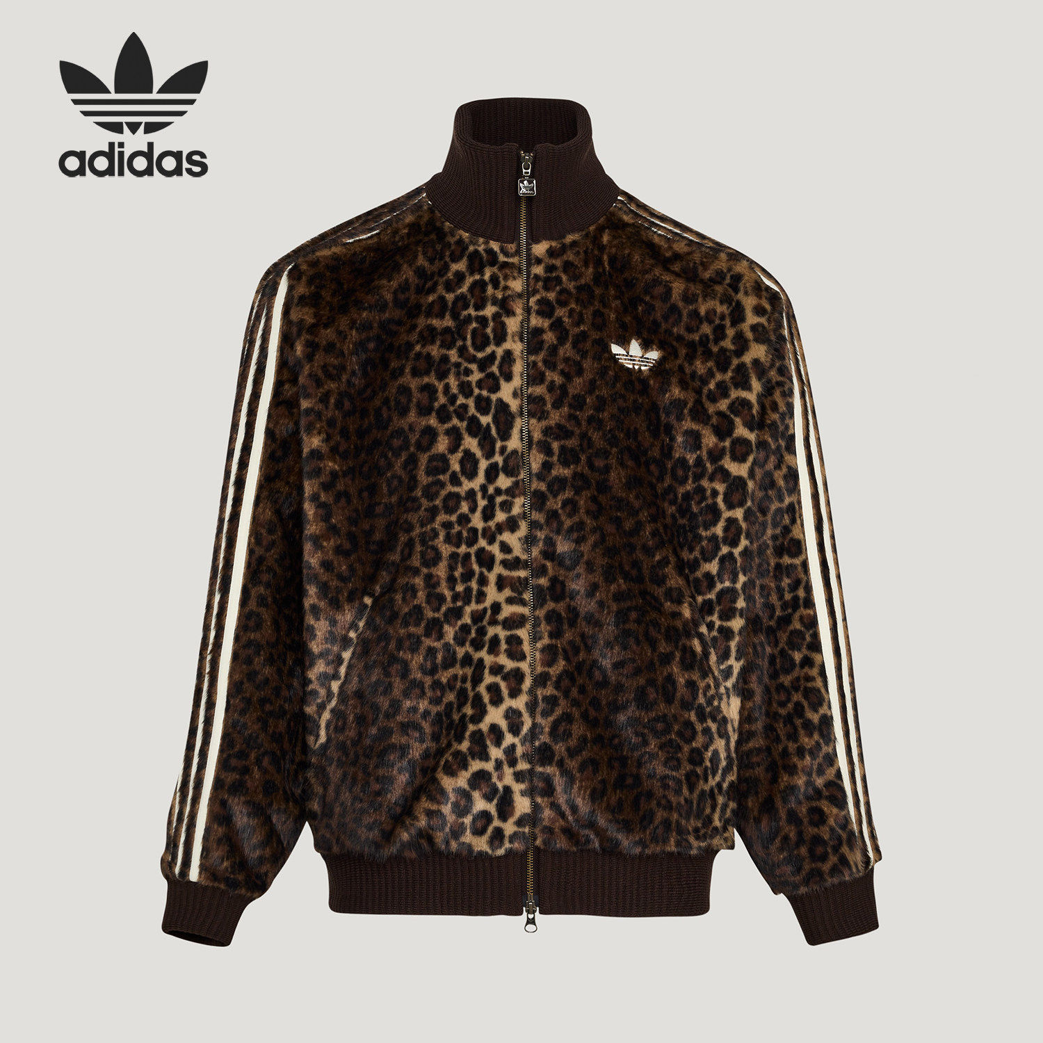 Adidas/阿迪达斯官方正品三叶草男女立领针织豹纹运动外套KU9407