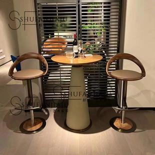 轻奢旋转升降金属酒吧椅设计师家用岛台椅简约现代实木靠背高脚椅