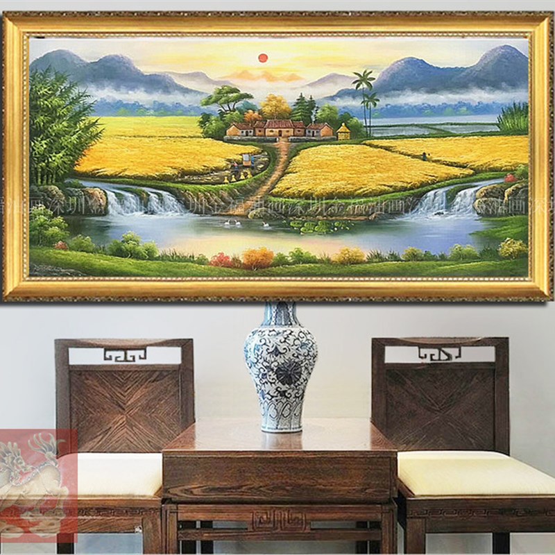 手绘新中式田园丰收图稻田风景油画聚宝盆客厅办公室家居酒店挂画