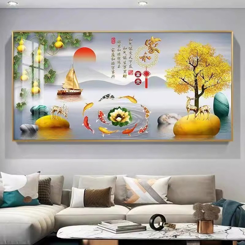 客厅沙发背景墙装饰画现代简约横版九鱼聚财餐厅墙面壁画大气挂画图片