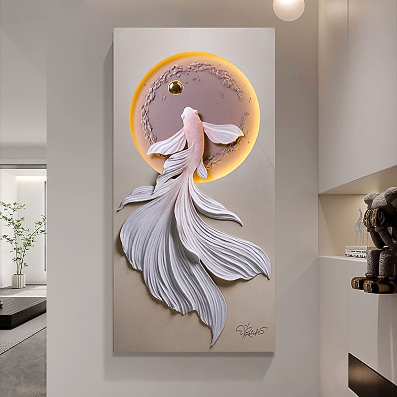 现代简约玄关走廊金鱼装饰画立体浮雕带灯高档轻奢挂画客厅灯画图片