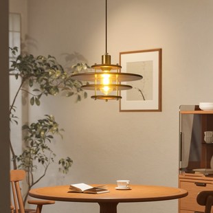 中古风实木飞碟吊灯复古胡桃木吧台侘寂风餐桌设计师装饰灯具