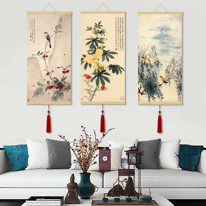 花鸟画实木挂轴卷轴画丝绸画绢画竹雀图竹子画牡丹图柳树小鸟国画