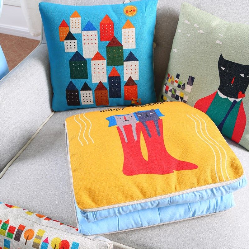 松果屋 卡通猫和房子棉麻抱枕被车用空调被沙发盖毯盖被,居家布艺,抱枕被,淘宝优惠券,粉丝福利购,淘宝优惠卷