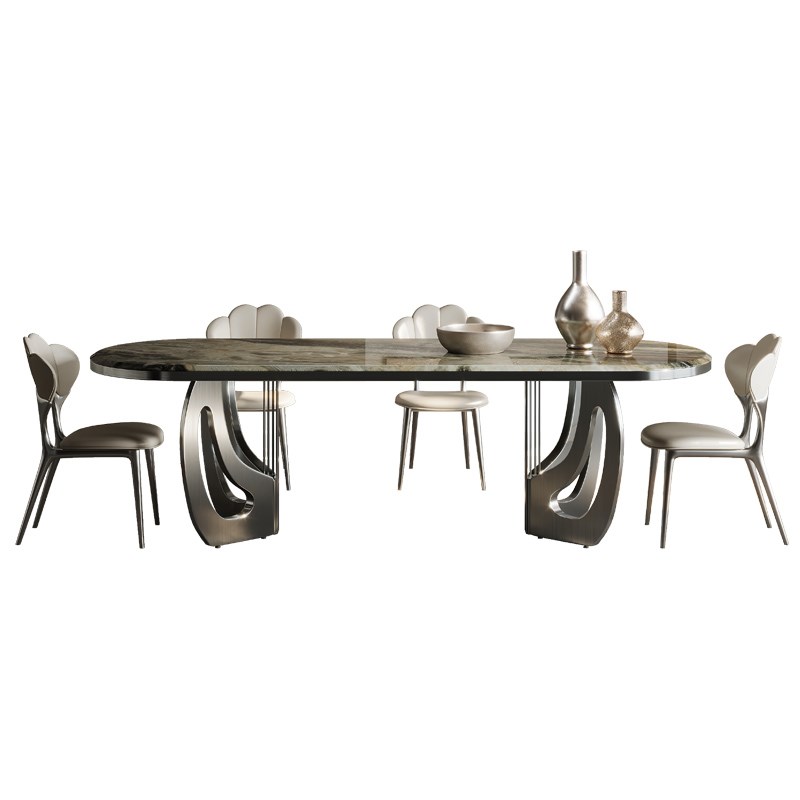 现代简约奢石餐桌椅子高端亮面蓝翡翠天然大理石饭桌长方形家用