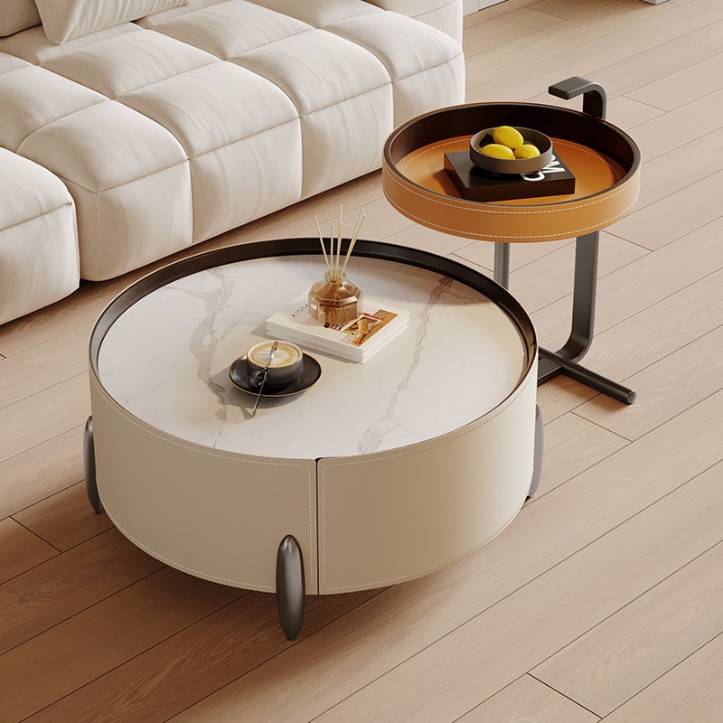 意式极简岩板大小茶几客厅奶油家用高级感设计师马鞍皮侘寂风茶几