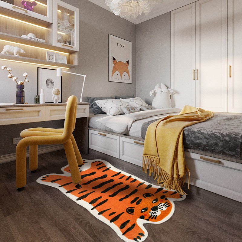 老虎地毯卧室可爱简约黑白格儿童房间床边毯长条毛绒床前飘窗地垫