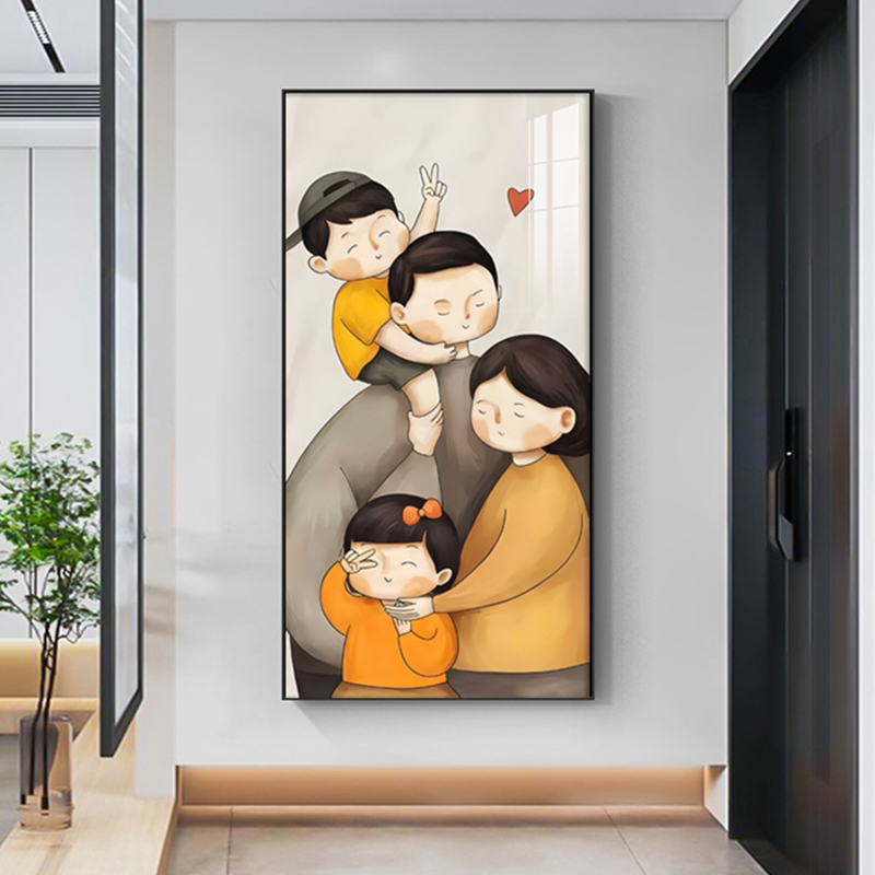 入户玄关装饰画一家四口进门背景墙挂画客厅走廊过道温馨感壁画图片