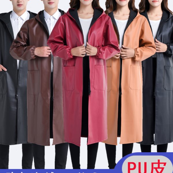 PU皮加绒罩衣女秋冬大人厨房防水防油男士加长过膝工作服皮革围裙