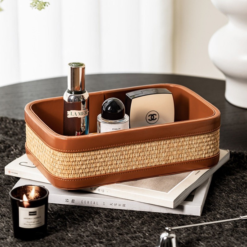 草编藤编皮革钥匙收纳盒桌面整理盒高端家居收纳托盘棕色皮质轻奢,收纳整理,钥匙收纳盒,淘宝优惠券,粉丝福利购,淘宝优惠卷