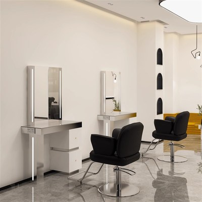 新款带灯理发店镜台发廊专用烫染区美发店剪发镜子柜子一体带桌面