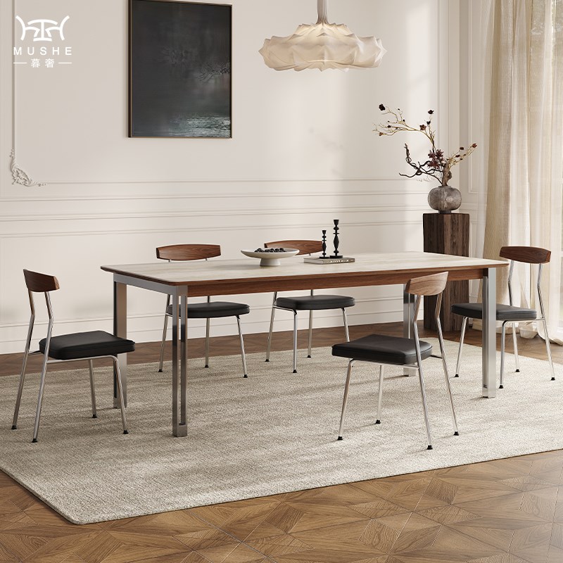 暮奢法式复古洞石岩板餐桌长方形桌子家用设计师中古风餐桌