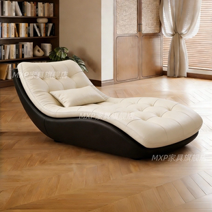 意式极简真皮懒人沙发单人贵妃躺椅客厅阳台卧室可躺可睡休闲椅