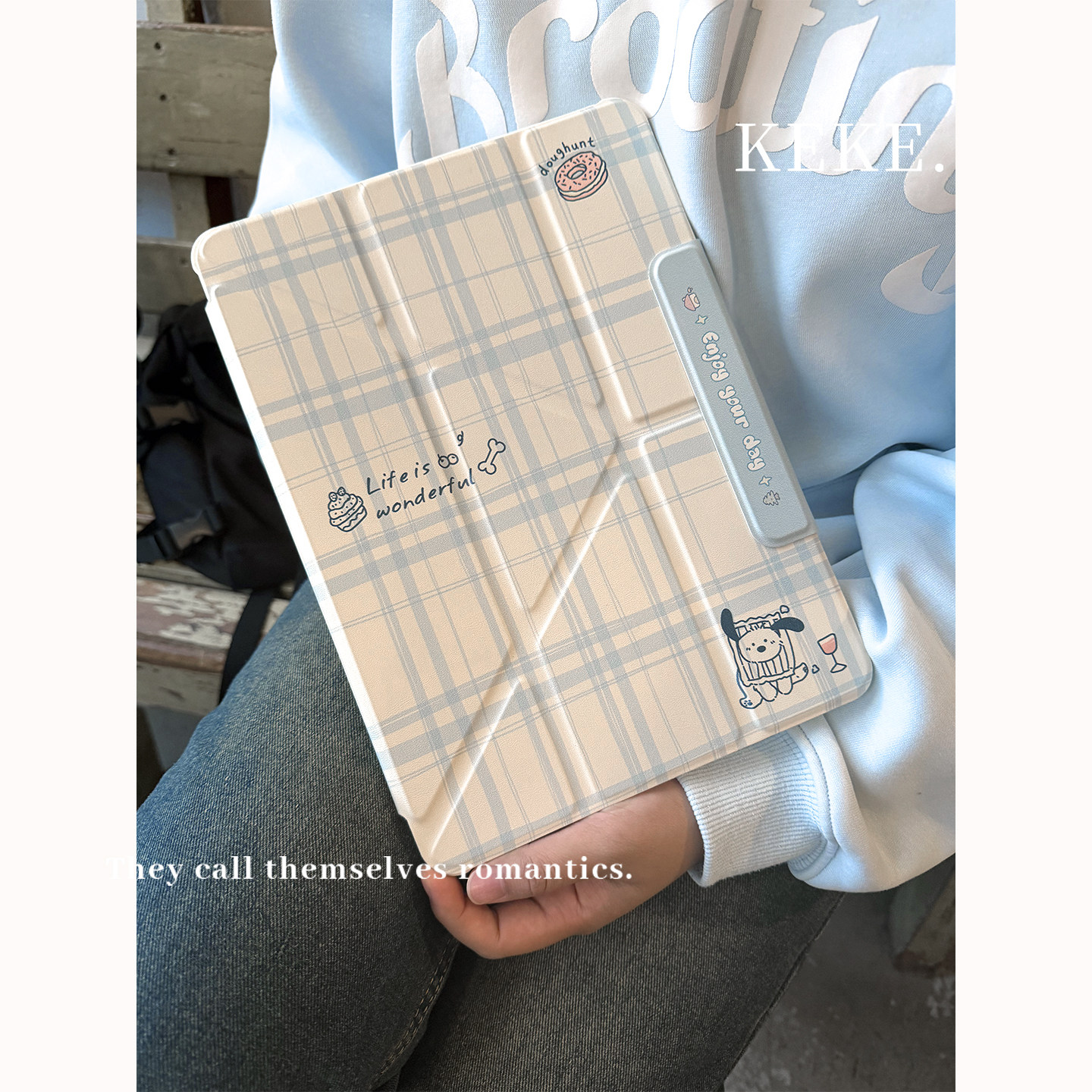ins风浅蓝格纹适用ipad11保护套2026新款air8/7苹果第12/9/8代平板壳2021磁吸搭扣ipadpro11带笔槽多角度支撑