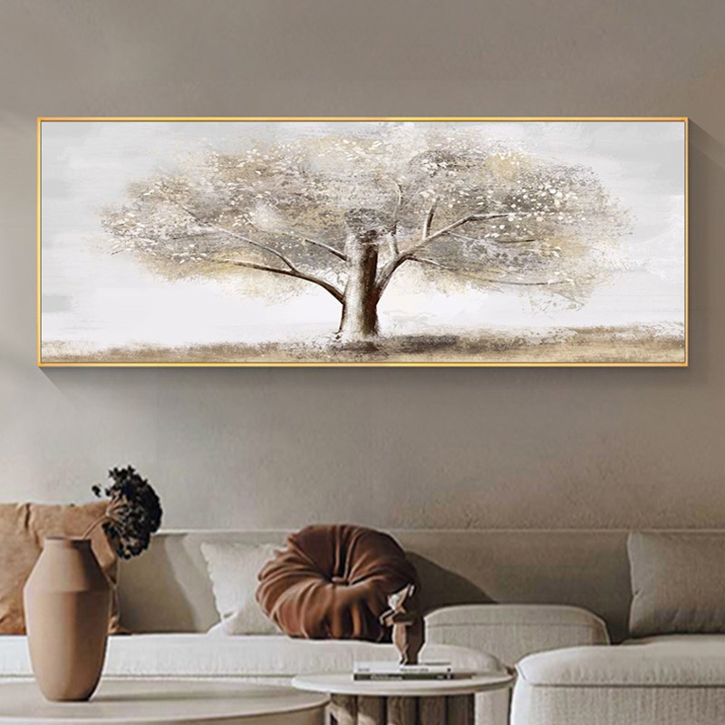 纯手绘油画横版客厅装饰画沙发背景墙挂画肌理感立体发财树好寓意图片