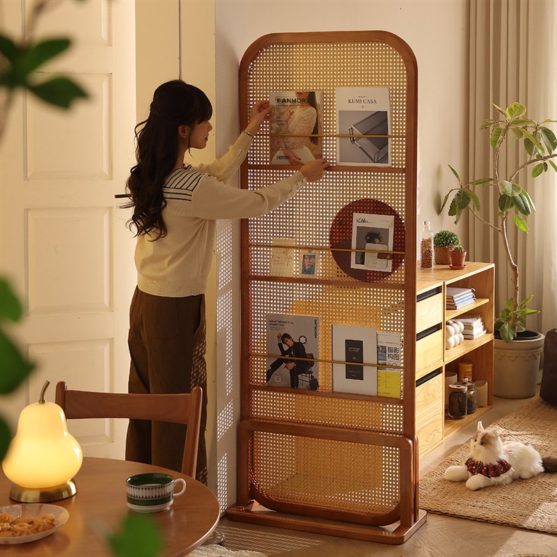 中式复古实木藤编屏风移动软隔断杂志书架入户玄关遮挡正对门置物