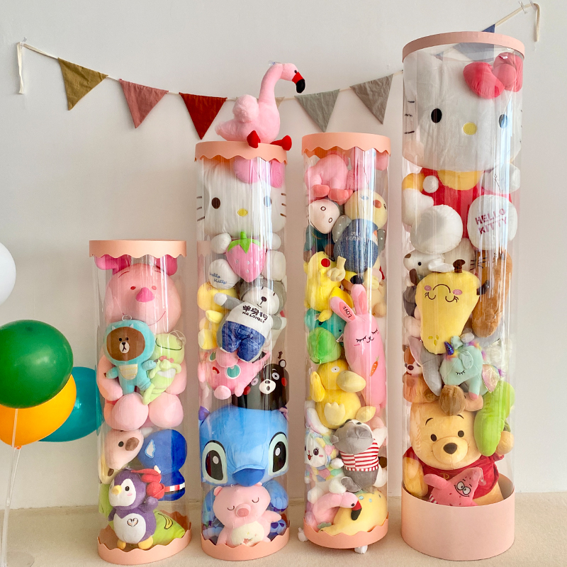 娃娃收纳桶儿童毛绒玩具筐透明圆柱玩偶公仔收纳神器可旋转收纳篮