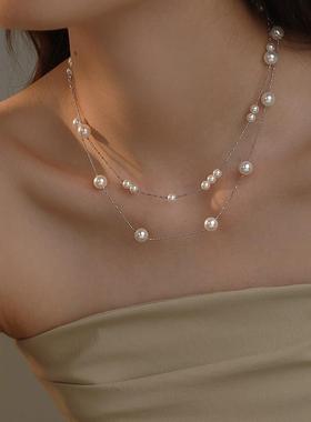 双层叠戴满天星珍珠项炼 炼 颈炼 炼 大小珠毛衣炼 炼 轻奢高级感