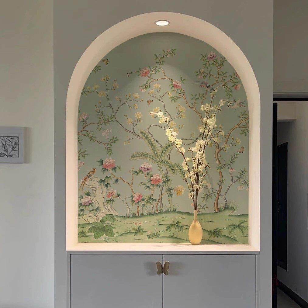 玄关壁纸法式轻奢客厅墙纸墙布卧室背景墙无纺布走廊尽头壁布花鸟