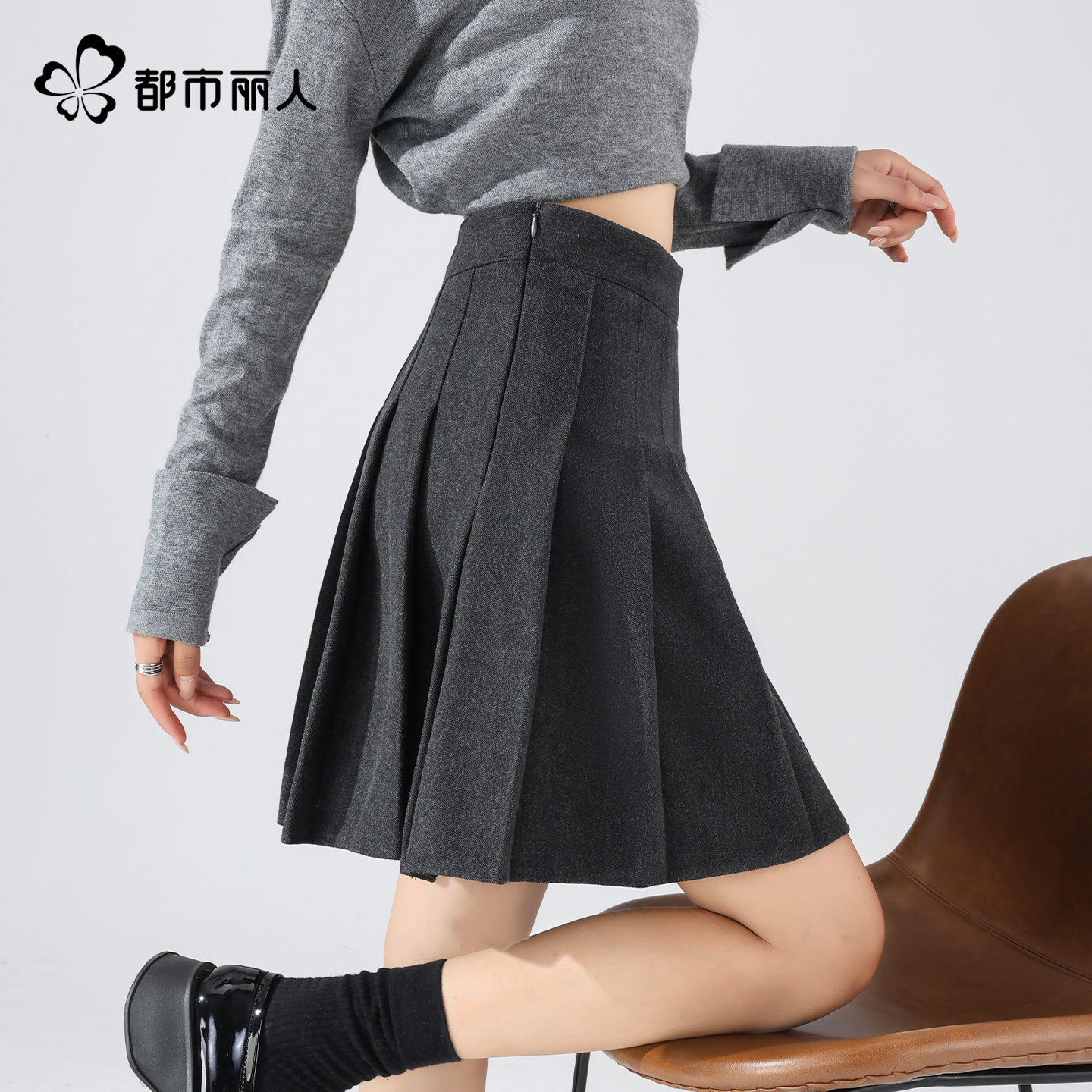 都市丽人毛呢百褶裙女时尚a字裙