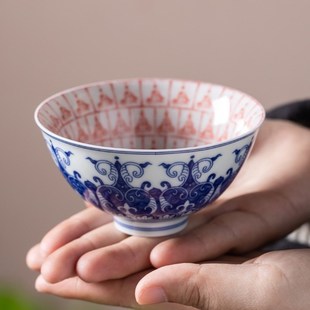 青花釉里红拓片千佛主人杯家用陶瓷喝茶杯高档主人主人茶杯茶碗