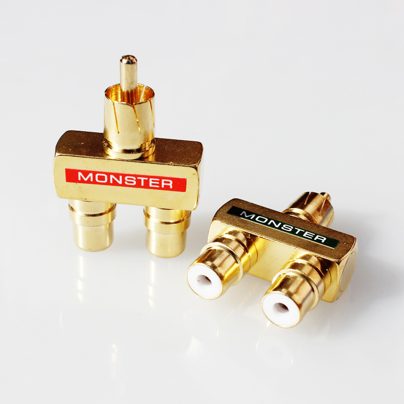 镀金莲花一分二RCA接头一公两母音频视频连接二合一公母延长转换