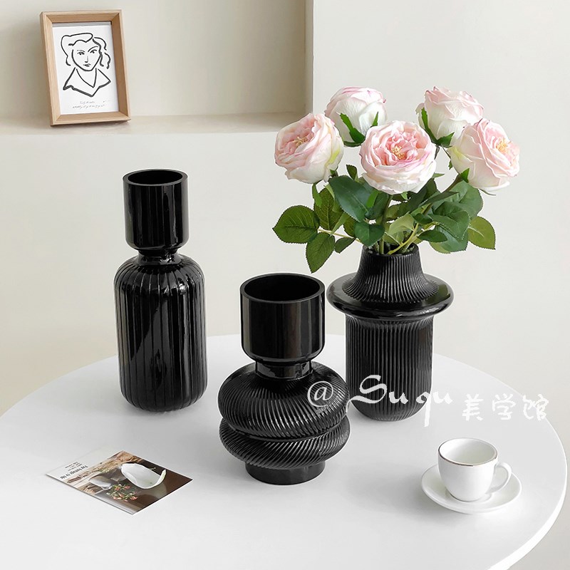 花瓶客厅插花器玻璃高级感中古黑色法式餐桌复古水培干花装饰
