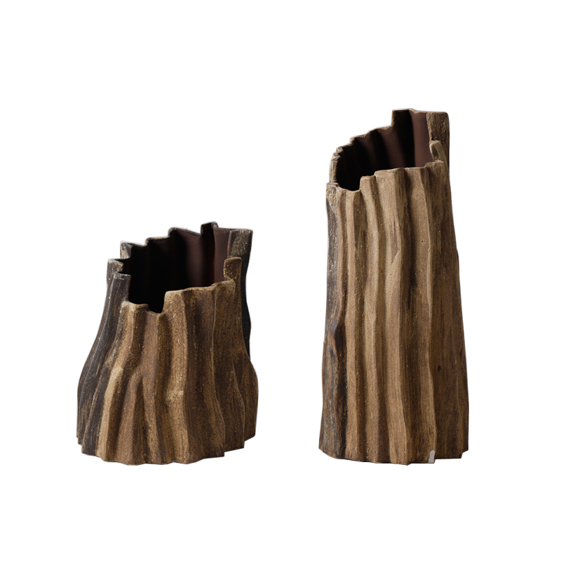 复古侘寂风做旧仿朽木陶瓷花瓶摆件酒店民宿客厅玄关创意花器装饰