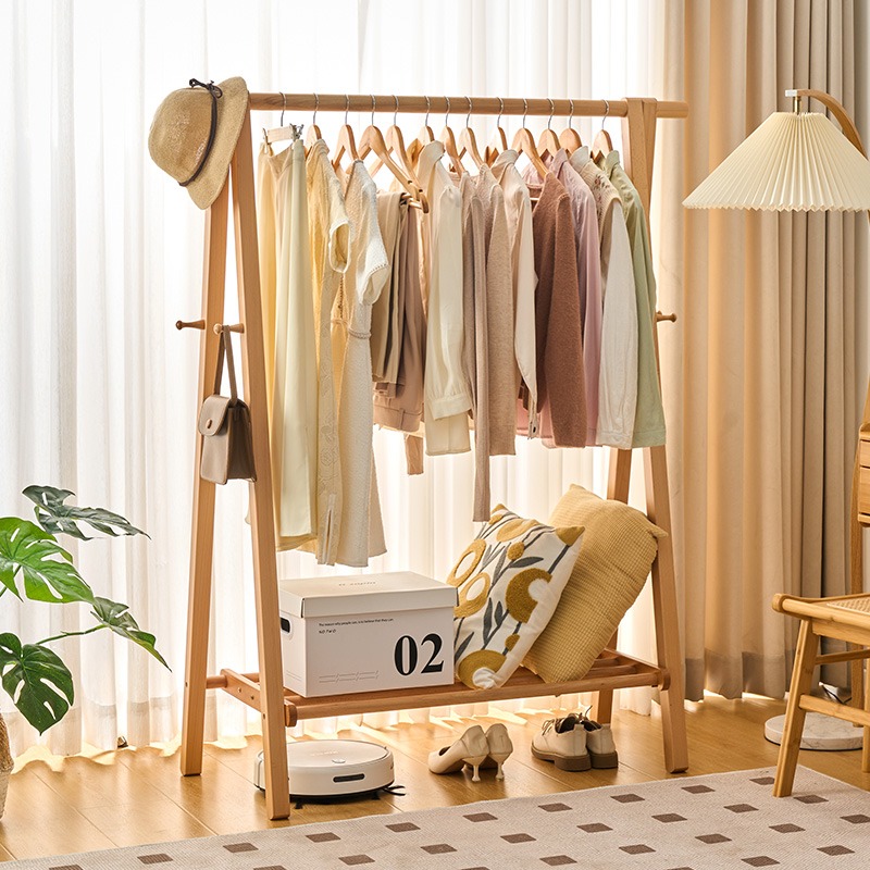 实木衣帽架家用放衣架卧室可折叠晾衣架床边落地式榉木挂衣架