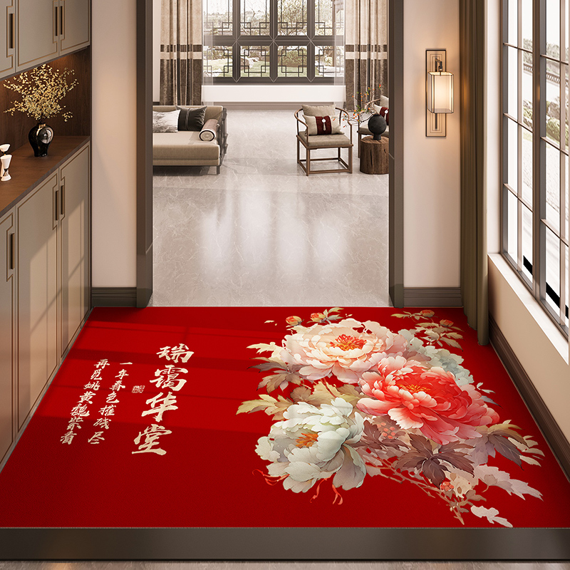 红色中式入户门地垫大面积全铺PC皮革免洗擦进门口地毯裁剪