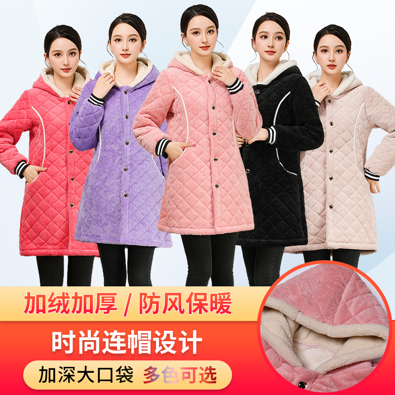 冬季加绒罩衣大人女新款加厚家用保暖夹棉外套长袖防脏.工作服围