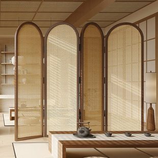 中古折叠屏风隔断客厅卧室玄关家用遮挡办公室可移动实木藤编折屏