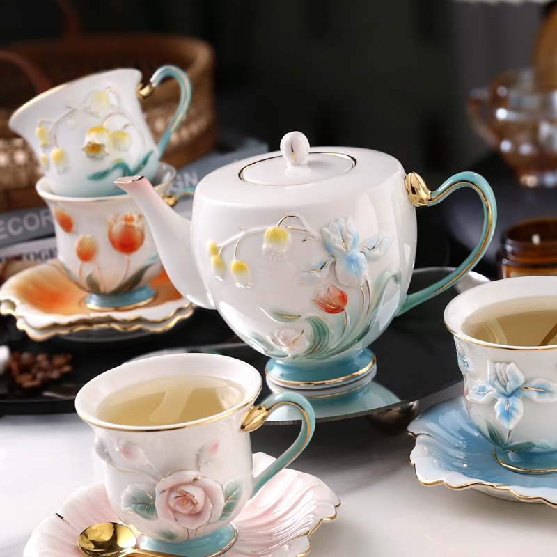 nosin诺轩浮雕花卉手绘下午茶陶瓷茶具套装整套咖啡具咖啡杯碟盒