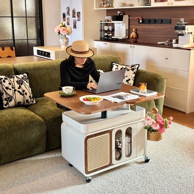 多功能可移动升降茶几实木高级感藤编储物收纳客厅家用带轮子边几