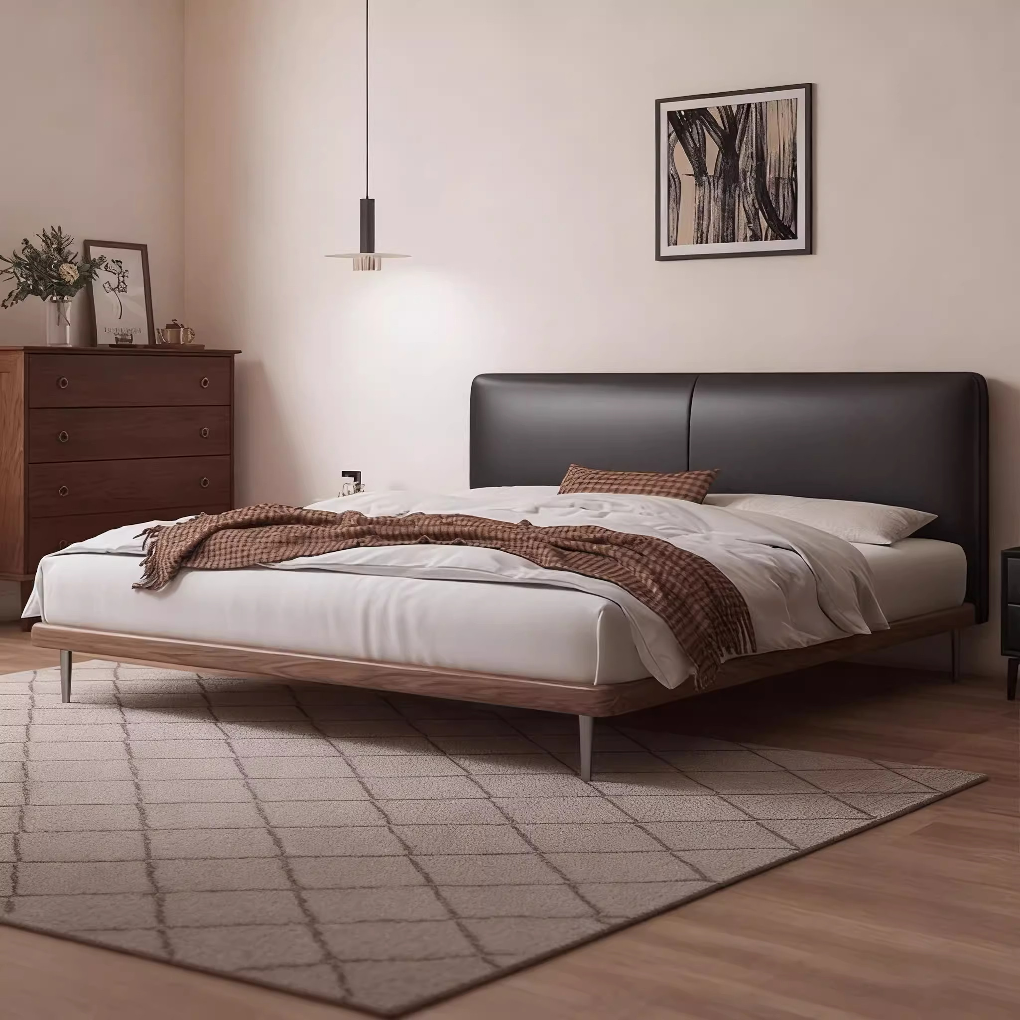 意式轻奢真皮床主卧室1.8米大床现代简约实木齐边床软包双人婚床