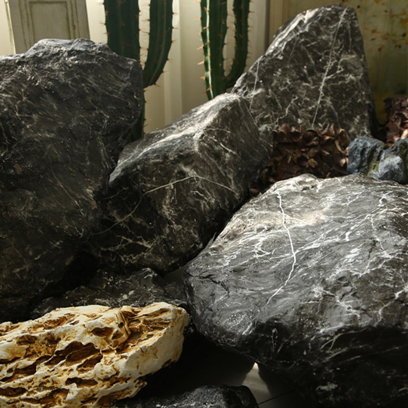 仿真黑山石玻璃钢摆件庭院楼梯间假石头造景道具园林假山景观石