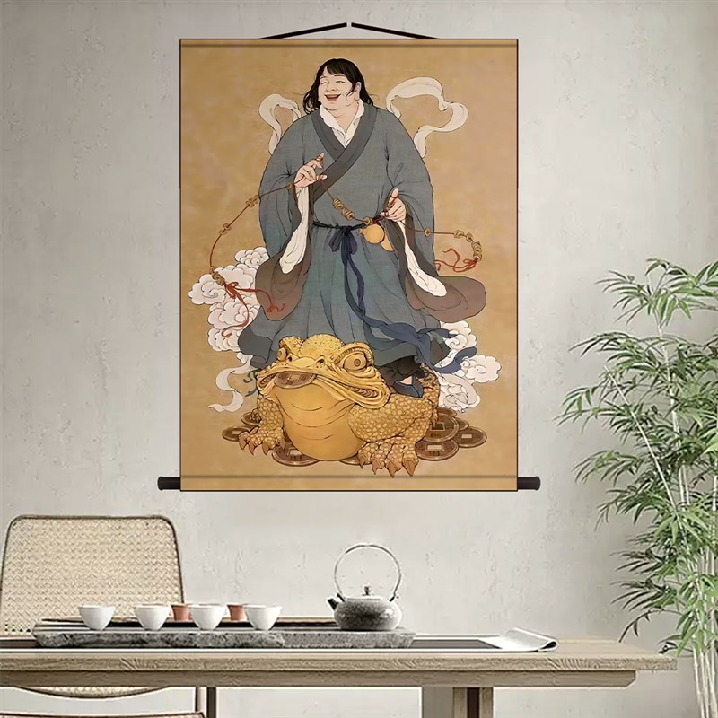 刘海戏金蟾画像挂画童子招财玄关客厅卷轴画丝绸装饰壁画