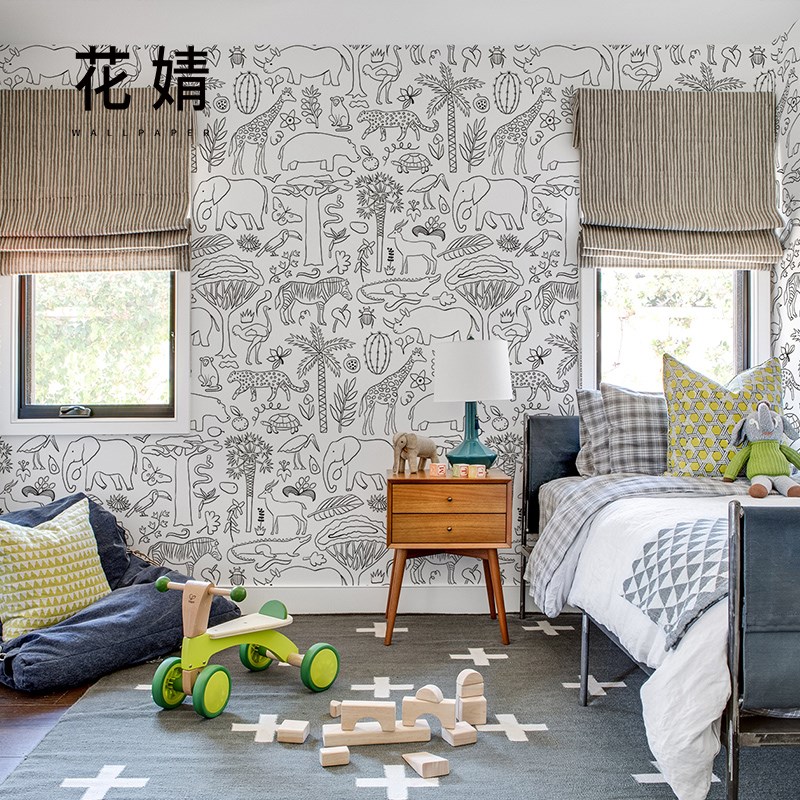 墙布定制黑白线条动物儿童房壁纸现代卧室床头背景墙无缝墙纸壁画