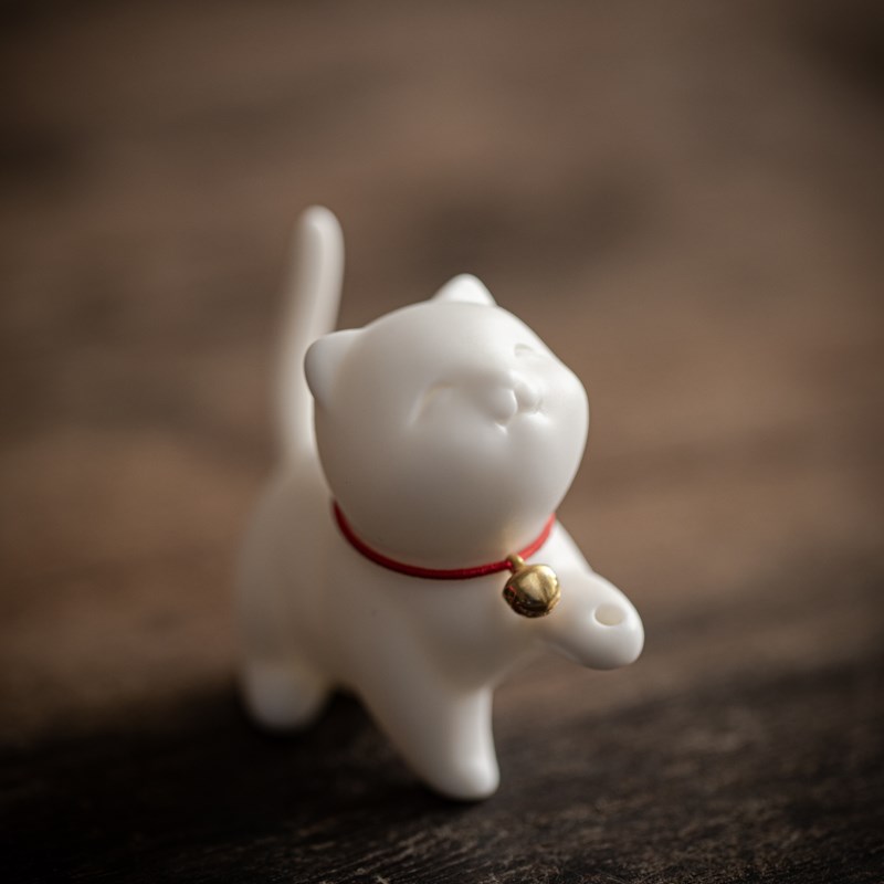 中式可爱小猫咪婚庆陶瓷摆件家居室内线香香插猫香托实木香座香道