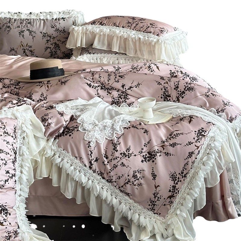 1法式浪漫羽毛雪纺边天丝棉四件套小众工艺复古被套床单床上用品,床上用品,床品套件/四件套/多件套,淘宝优惠券,粉丝福利购,淘宝优惠卷
