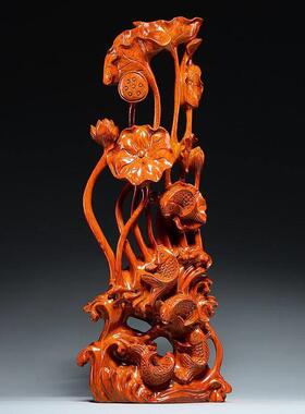 花梨木雕年年有鱼根雕荷花动物摆件红木家居装饰工艺礼品摆饰乔迁