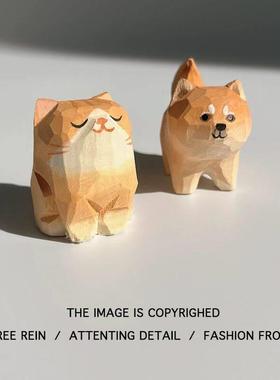 送TA一对小猫小狗 手工木雕摆件橘猫可爱桌面装饰治愈系生日礼物