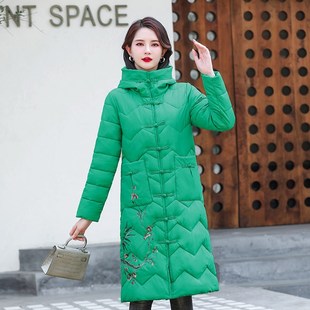 带拉链中国风绣花羽绒p棉衣女中长款 中老年女棉 过膝宽松大码 冬季