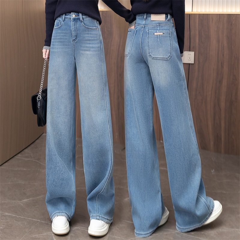 浅蓝色加绒弯刀牛仔裤女2025新款冬季高腰直筒垂感加厚阔腿香蕉裤
