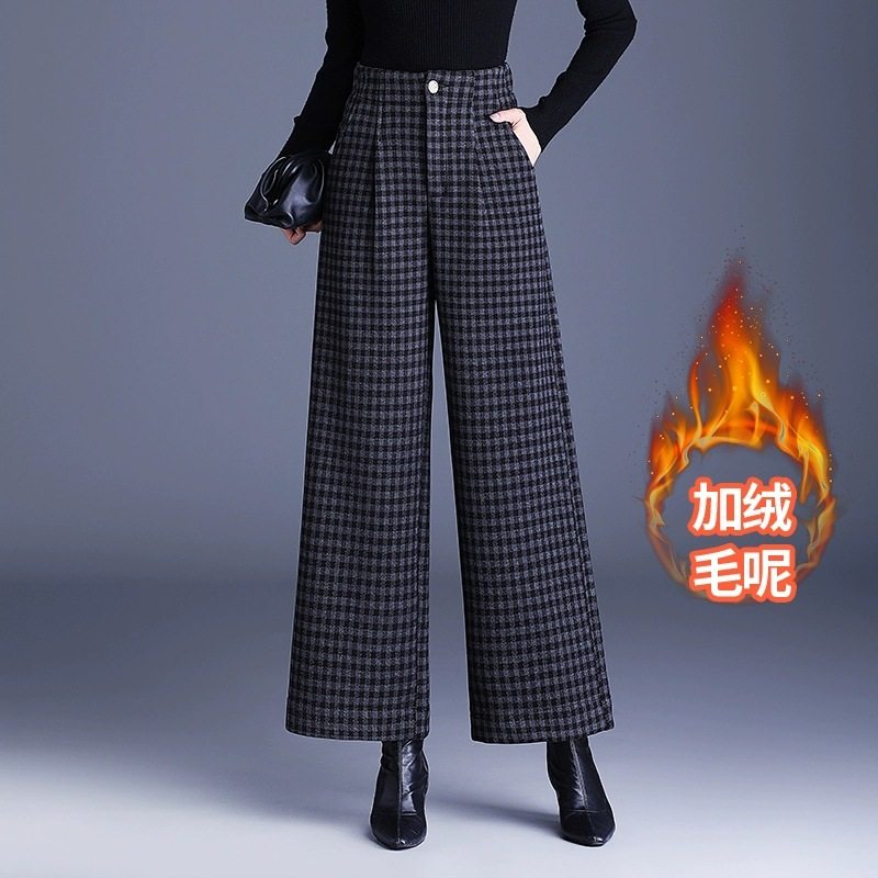 复古毛呢格子裤女秋冬高腰垂感裤子冬季加绒加厚小个子九分阔腿裤