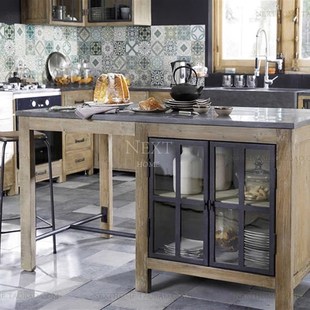 北欧实木中岛台厨房大理石餐边柜储物柜备餐桌料理台原木做旧碗柜