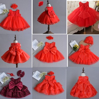 女宝宝周岁礼服夏装红色女童公主裙婴儿连衣裙满月一百天洋气裙子
