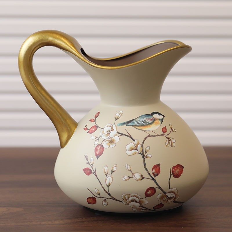 新中式美式陶瓷花瓶 单耳奶壶花瓶 欧式客厅餐桌茶几电视机柜摆件